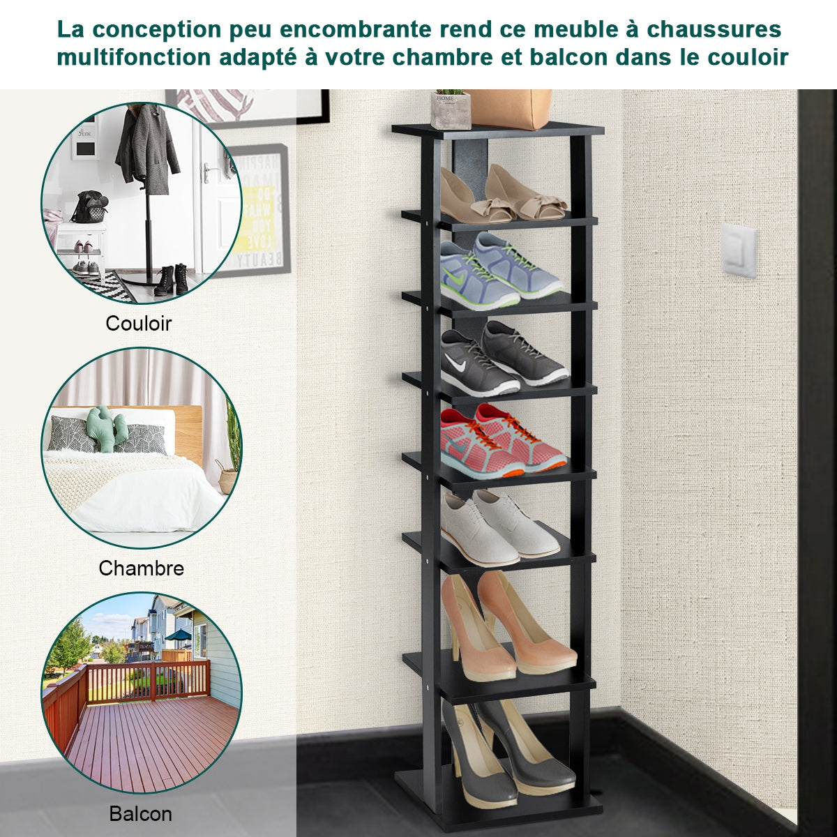 Wooden Shoe Rack 8 Tier Shoe Rack Shoe Organizer Vertical 27.5x26.5x110cm Black