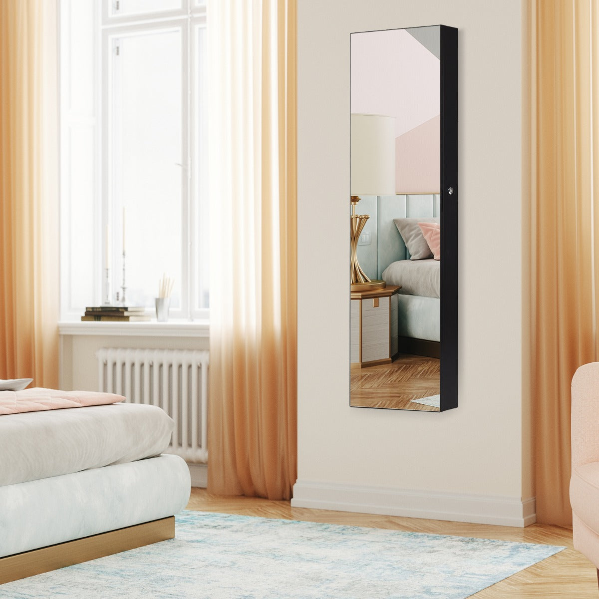 Lockable Wall Mounted Jewelry Armoire with Full Length Mirror and LED Lights-Black