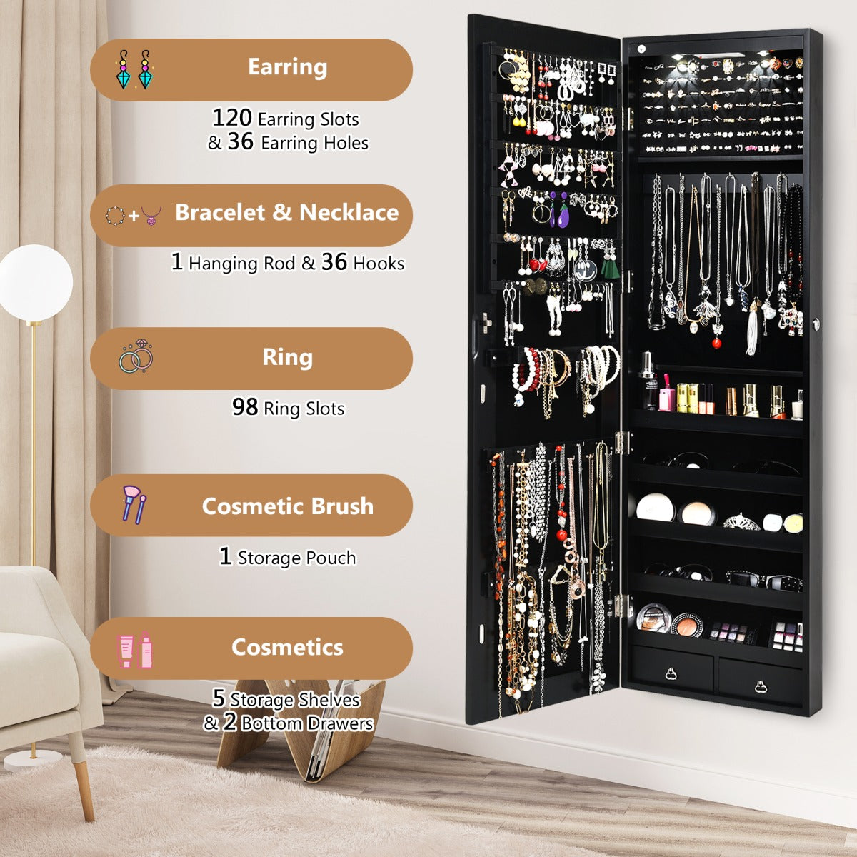 Lockable Wall Mounted Jewelry Armoire with Full Length Mirror and LED Lights-Black