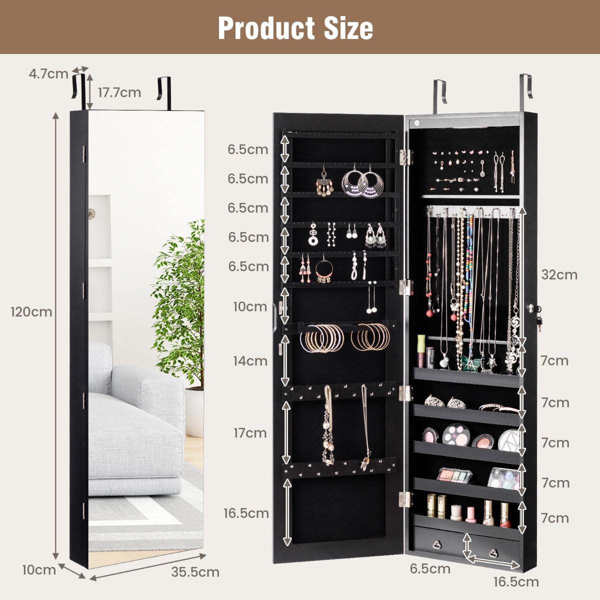 Lockable Wall Mounted Jewelry Armoire with Full Length Mirror and LED Lights-Black