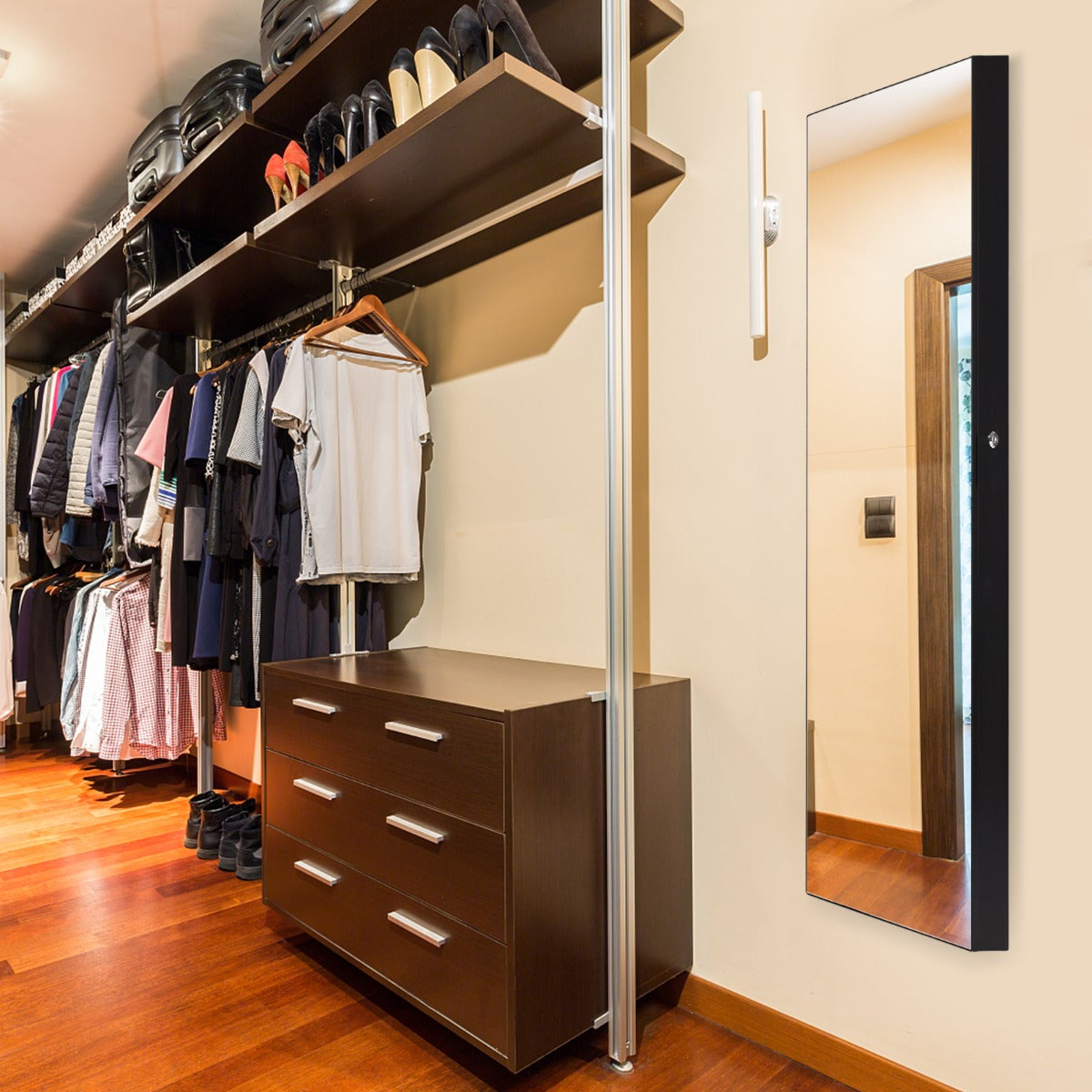 Lockable Wall Mounted Jewelry Armoire with Full Length Mirror and LED Lights-Black