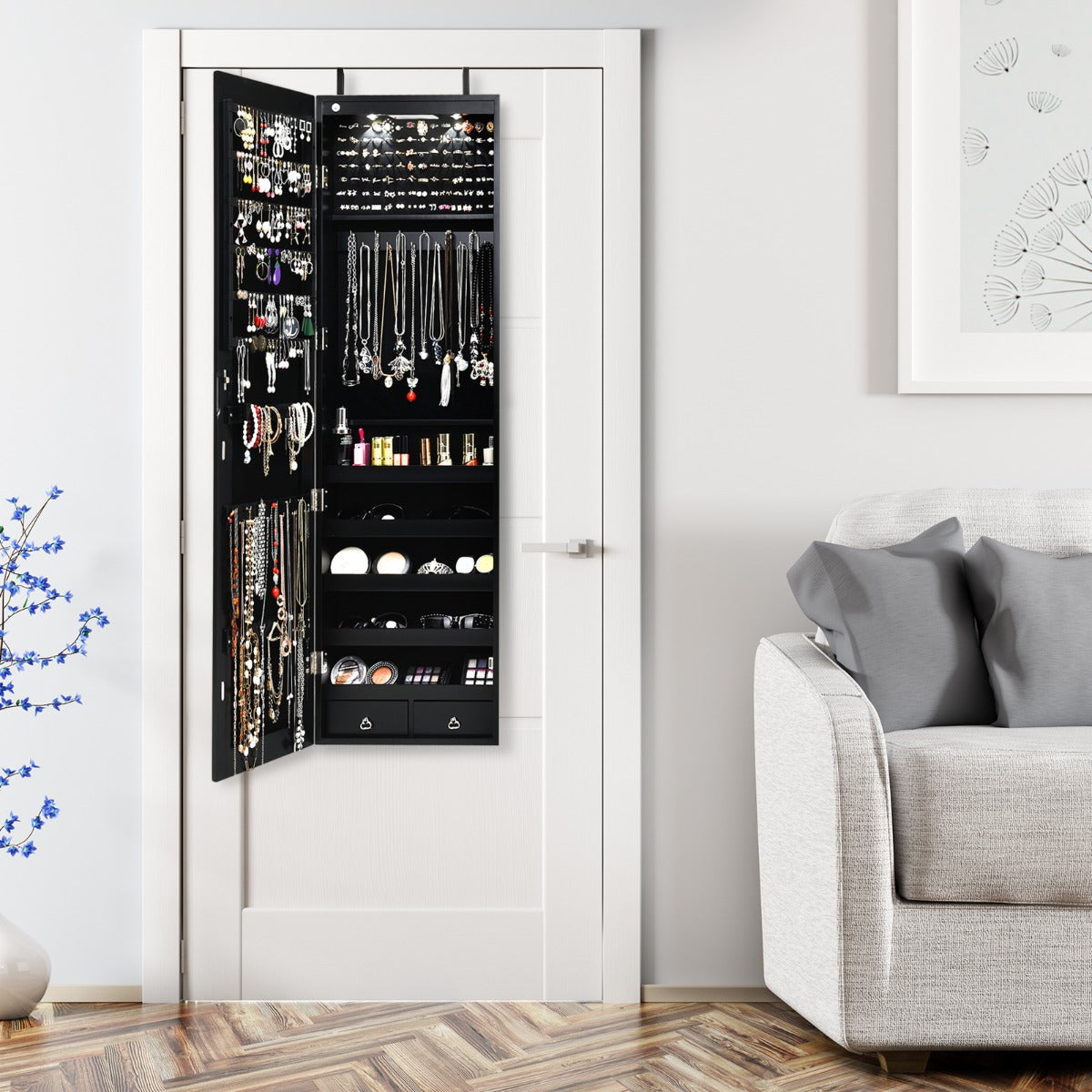 Lockable Wall Mounted Jewelry Armoire with Full Length Mirror and LED Lights-Black