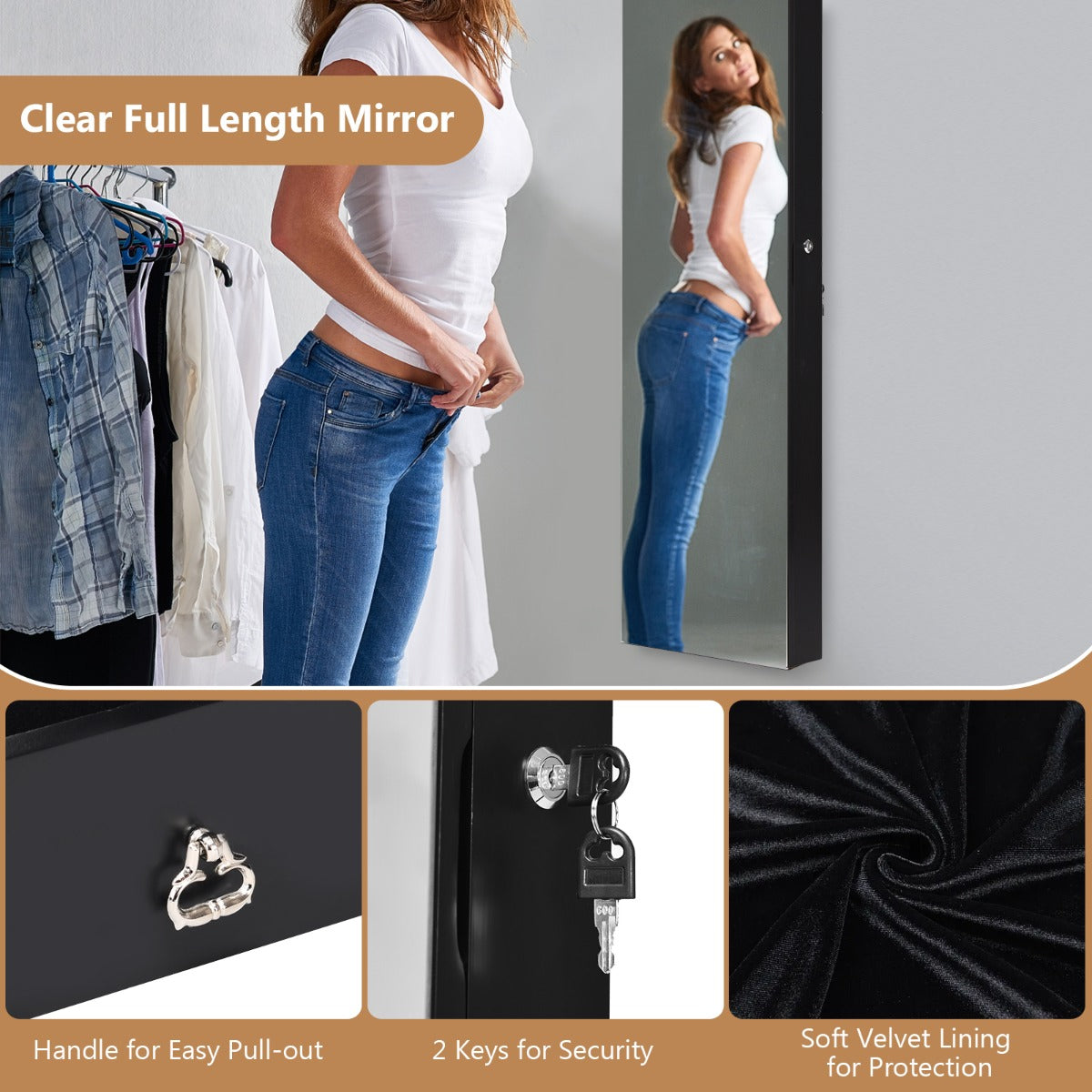 Lockable Wall Mounted Jewelry Armoire with Full Length Mirror and LED Lights-Black