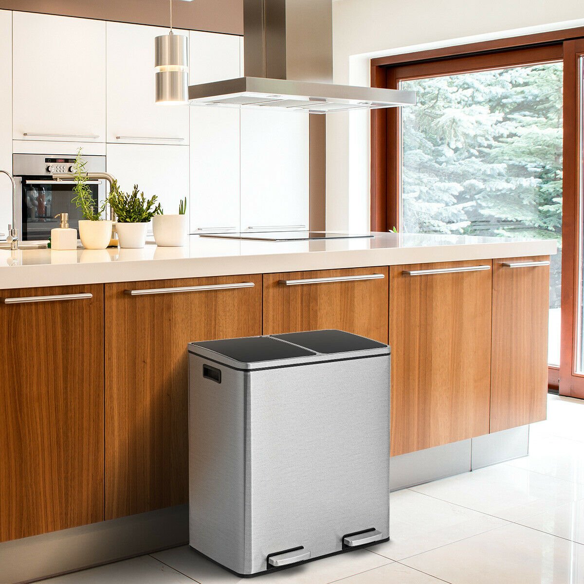 Double Recycle Pedal Bin wth Dual Removable Compartments-Silver