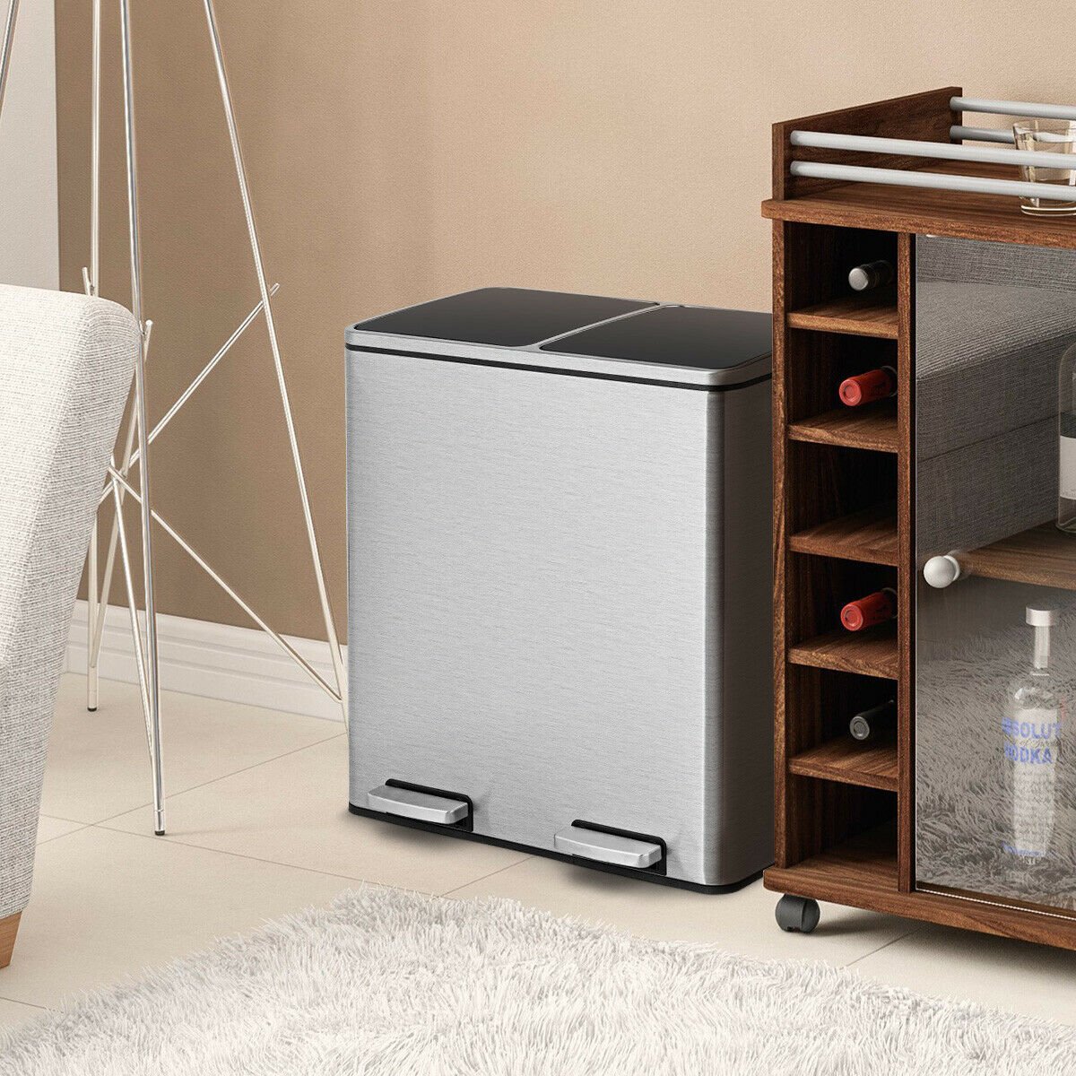 Double Recycle Pedal Bin wth Dual Removable Compartments-Silver