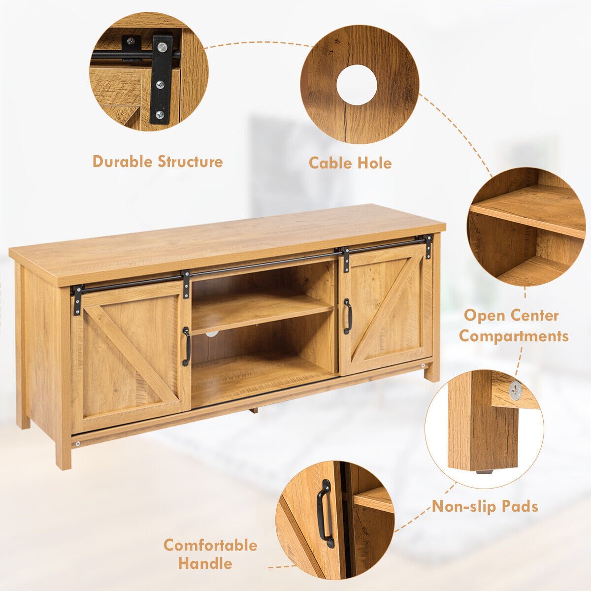 Modern TV Cabinet for 60-Inch TV Wooden Media Storage Shelves-Yellow