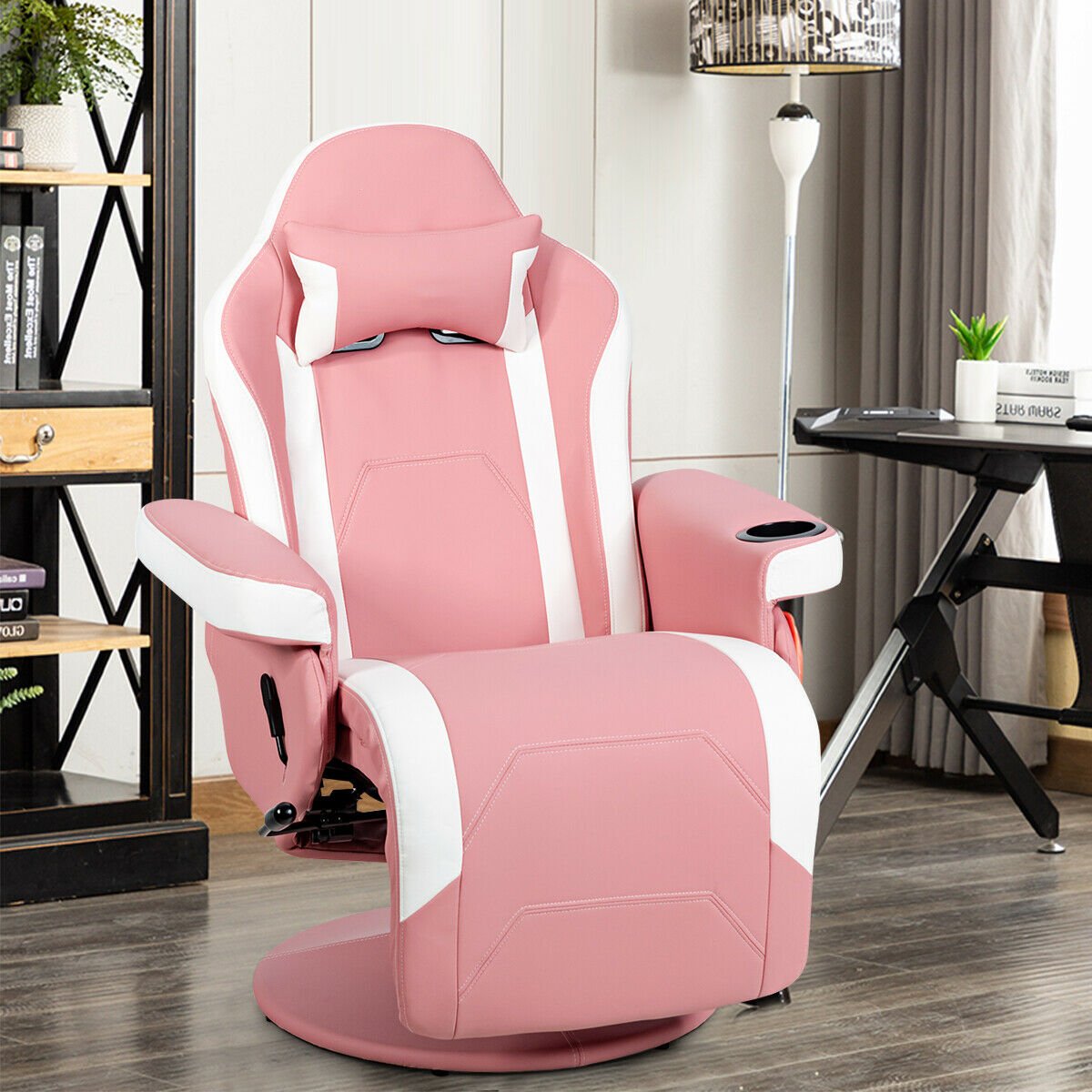 Electric Massage Gaming Chair with Cup Holder and Side Pouch-Pink