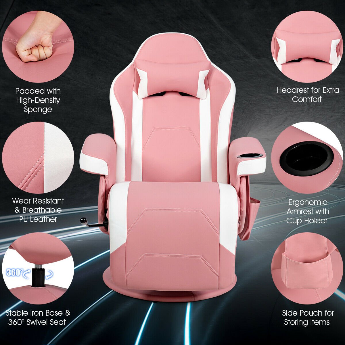 Electric Massage Gaming Chair with Cup Holder and Side Pouch-Pink