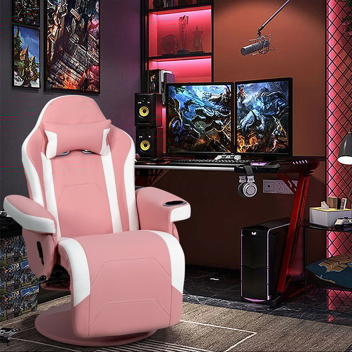 Electric Massage Gaming Chair with Cup Holder and Side Pouch-Pink