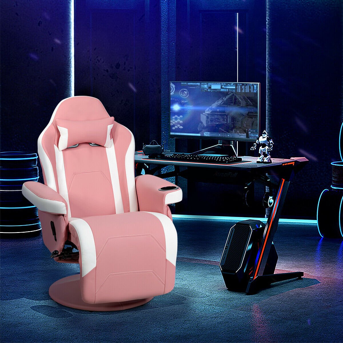 Electric Massage Gaming Chair with Cup Holder and Side Pouch-Pink