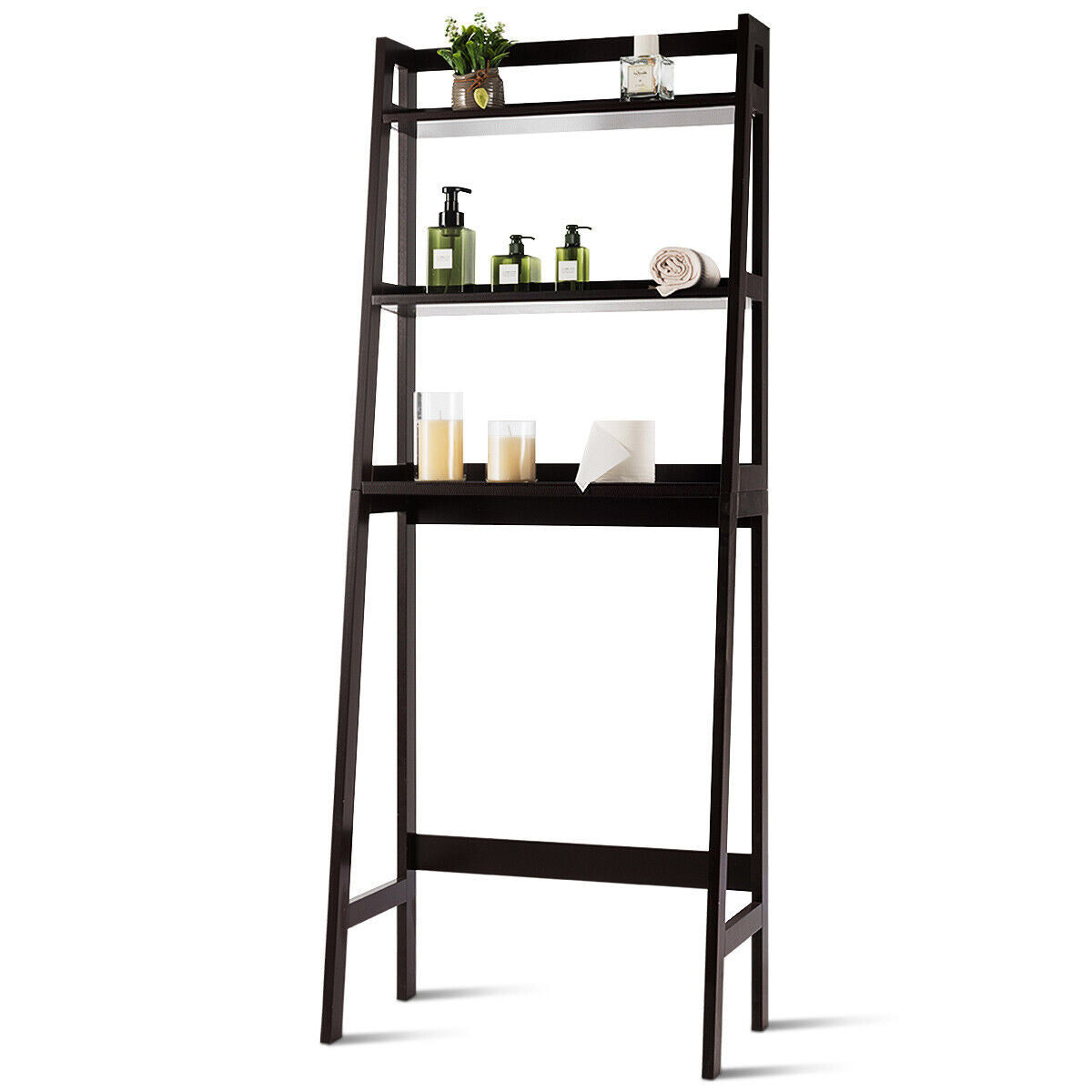 3-Tier Wooden Freestanding Bathroom Over Toilet Storage Rack-Brown