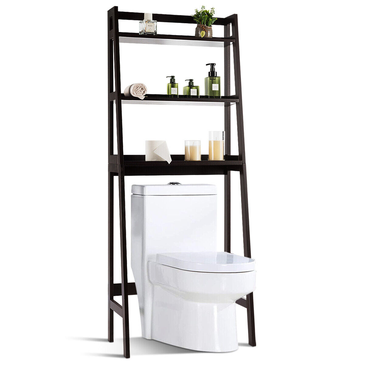 3-Tier Wooden Freestanding Bathroom Over Toilet Storage Rack-Brown