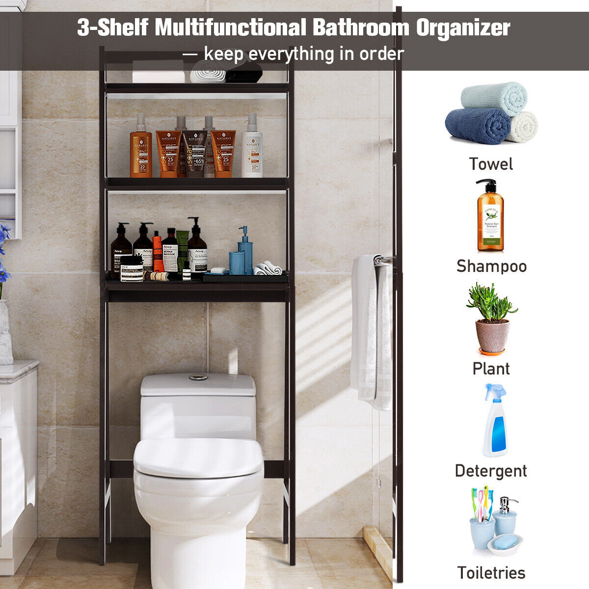 3-Tier Wooden Freestanding Bathroom Over Toilet Storage Rack-Brown
