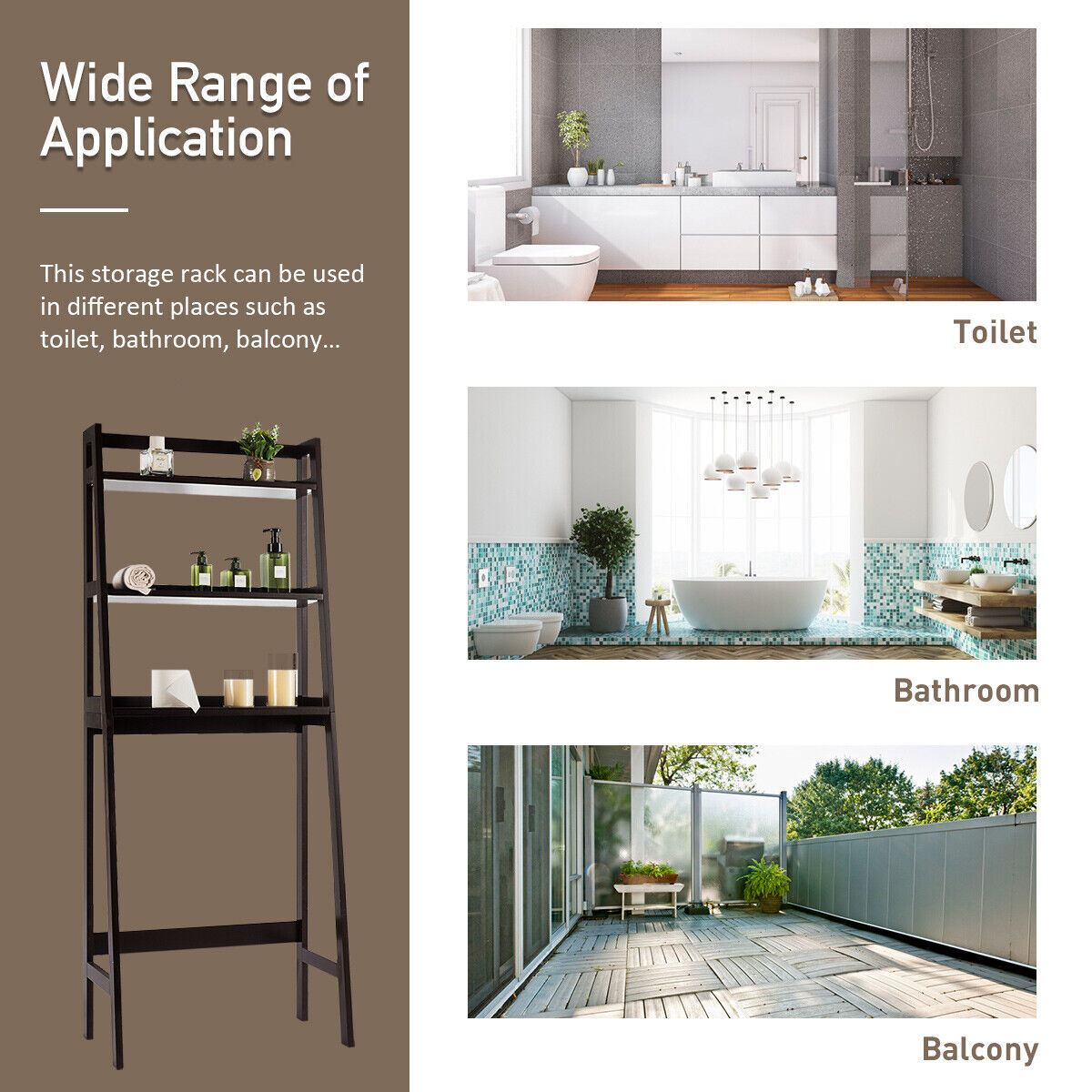 3-Tier Wooden Freestanding Bathroom Over Toilet Storage Rack-Brown