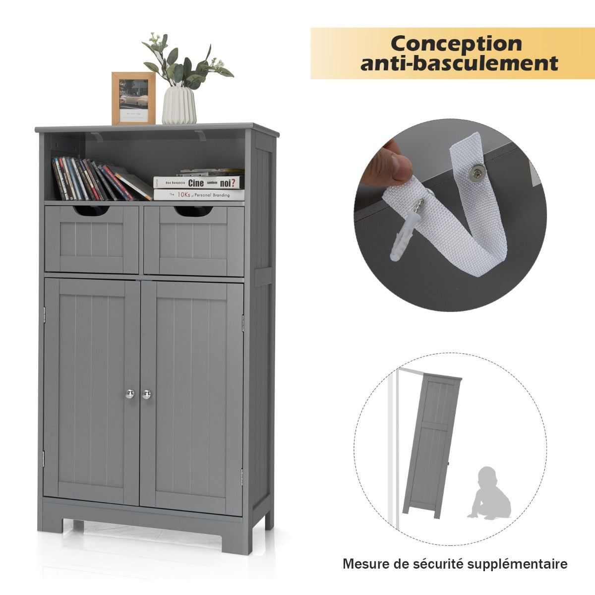 Bathroom Floor Cabinet with Open Shelf & 2 Drawers-Grey