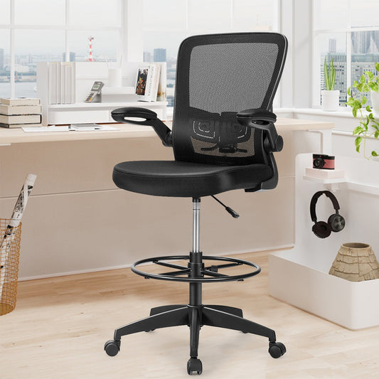 High Back Mesh Office Chair with Flip-up Armrests and Footrest Ring-Black