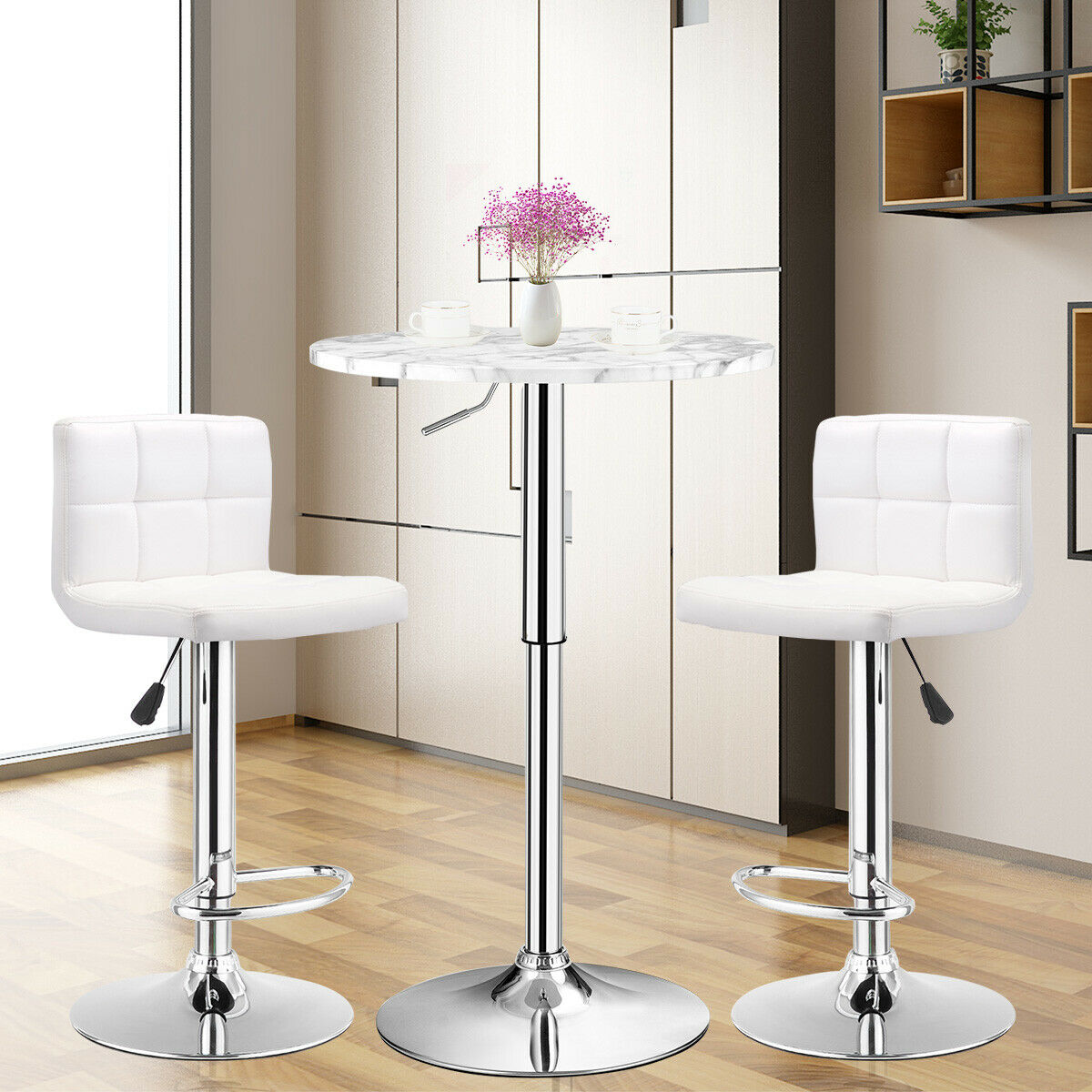 Modern Round Marble Bar Table with Silver Leg and Base-White