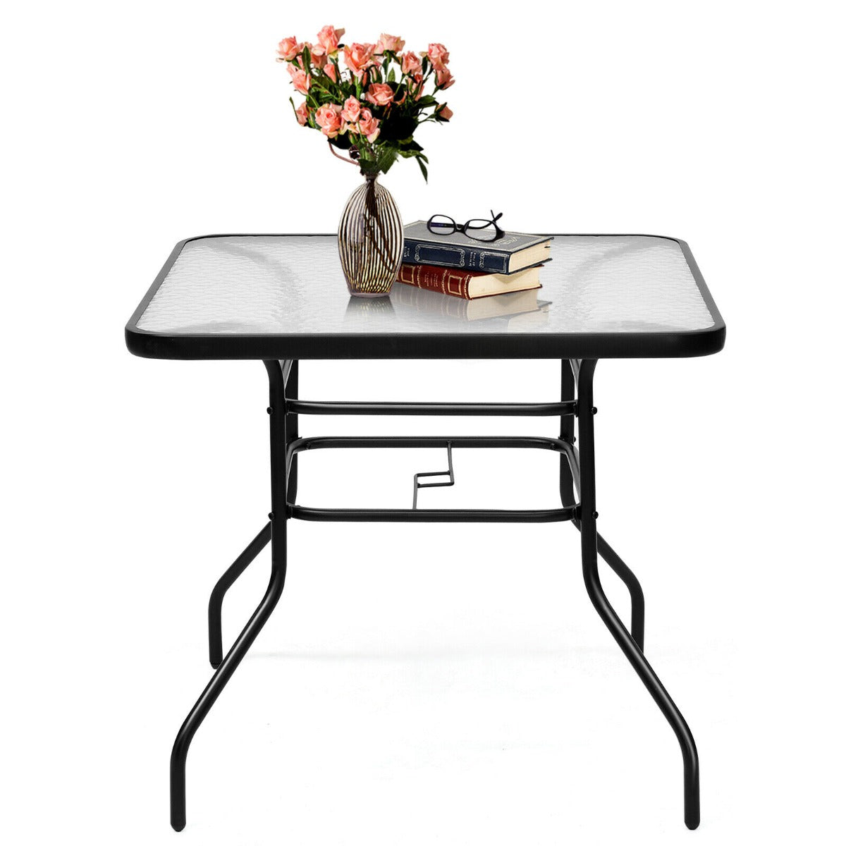 80CM Garden Dining Table with Tempered Glass and Parasol Hole-Size 2