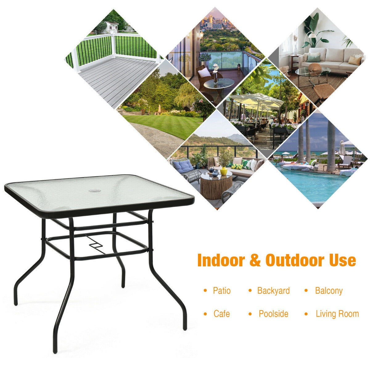 80CM Garden Dining Table with Tempered Glass and Parasol Hole-Size 2