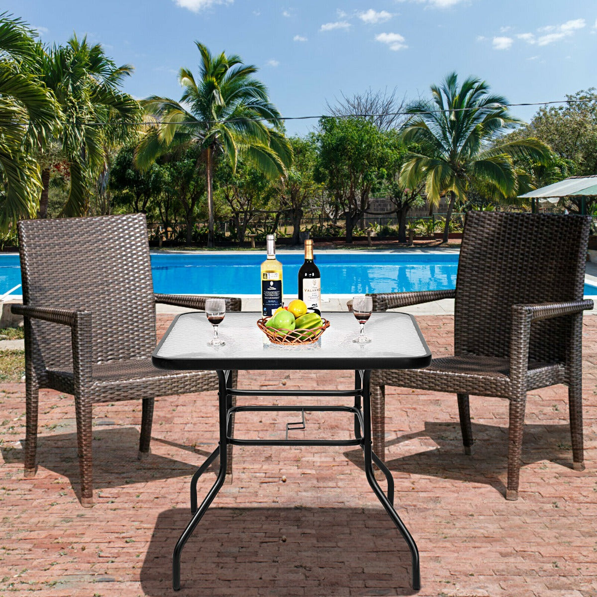 80CM Garden Dining Table with Tempered Glass and Parasol Hole-Size 2