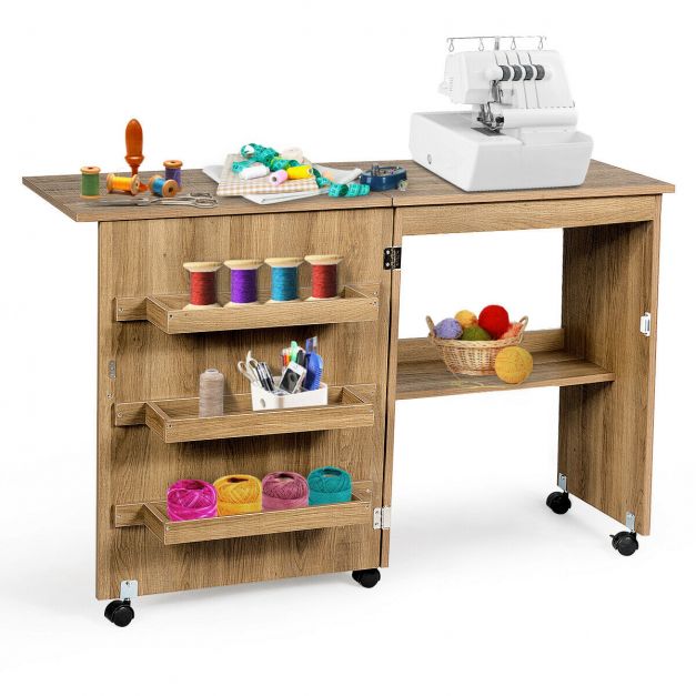 Folding Sewing Craft Table Shelf Storage Cabinet Home Furniture-Natural