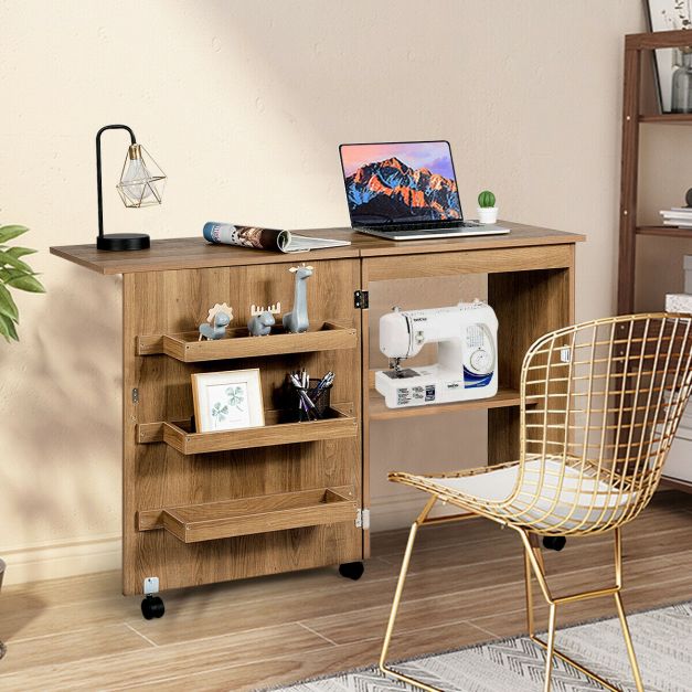 Folding Sewing Craft Table Shelf Storage Cabinet Home Furniture-Natural