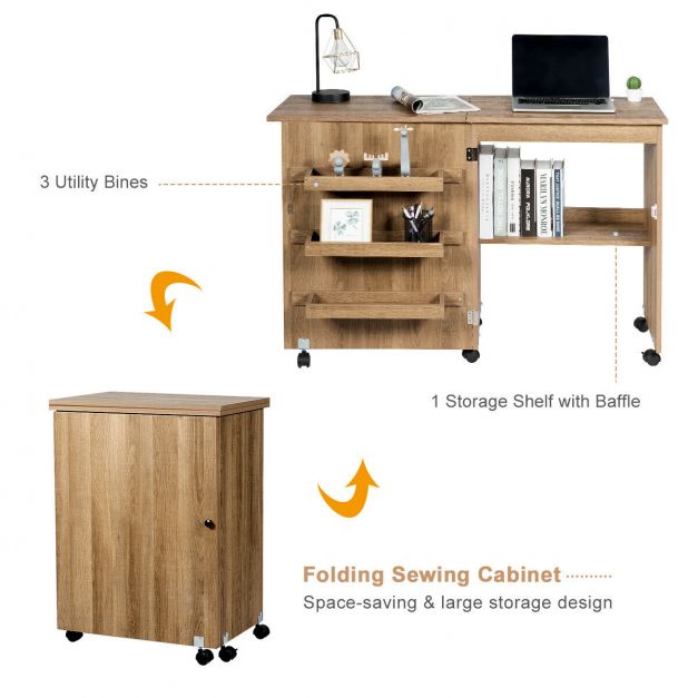 Folding Sewing Craft Table Shelf Storage Cabinet Home Furniture-Natural