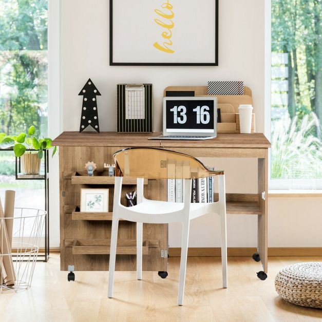 Folding Sewing Craft Table Shelf Storage Cabinet Home Furniture-Natural