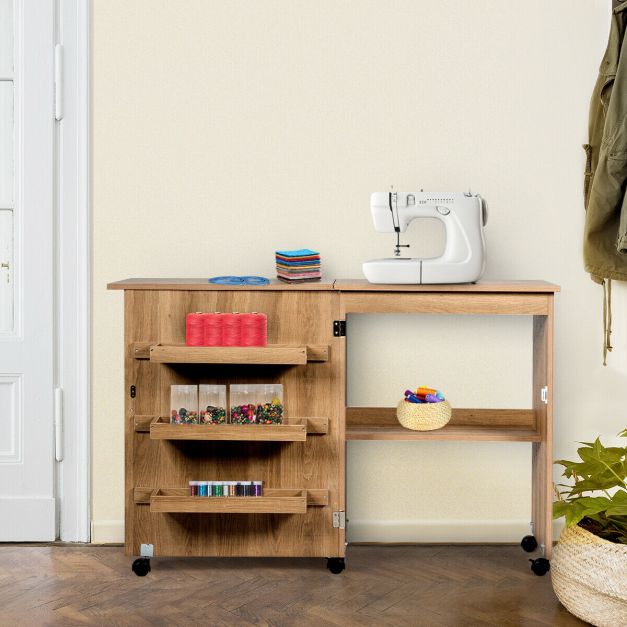 Folding Sewing Craft Table Shelf Storage Cabinet Home Furniture-Natural
