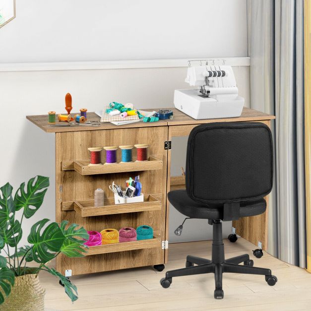 Folding Sewing Craft Table Shelf Storage Cabinet Home Furniture-Natural