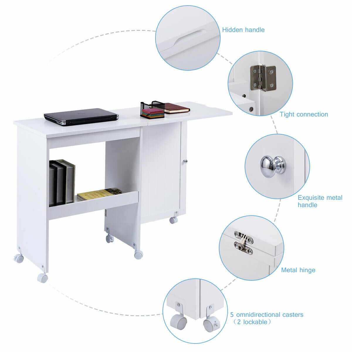 Folding Sewing Table with Storage Shelves and Lockable Casters-White