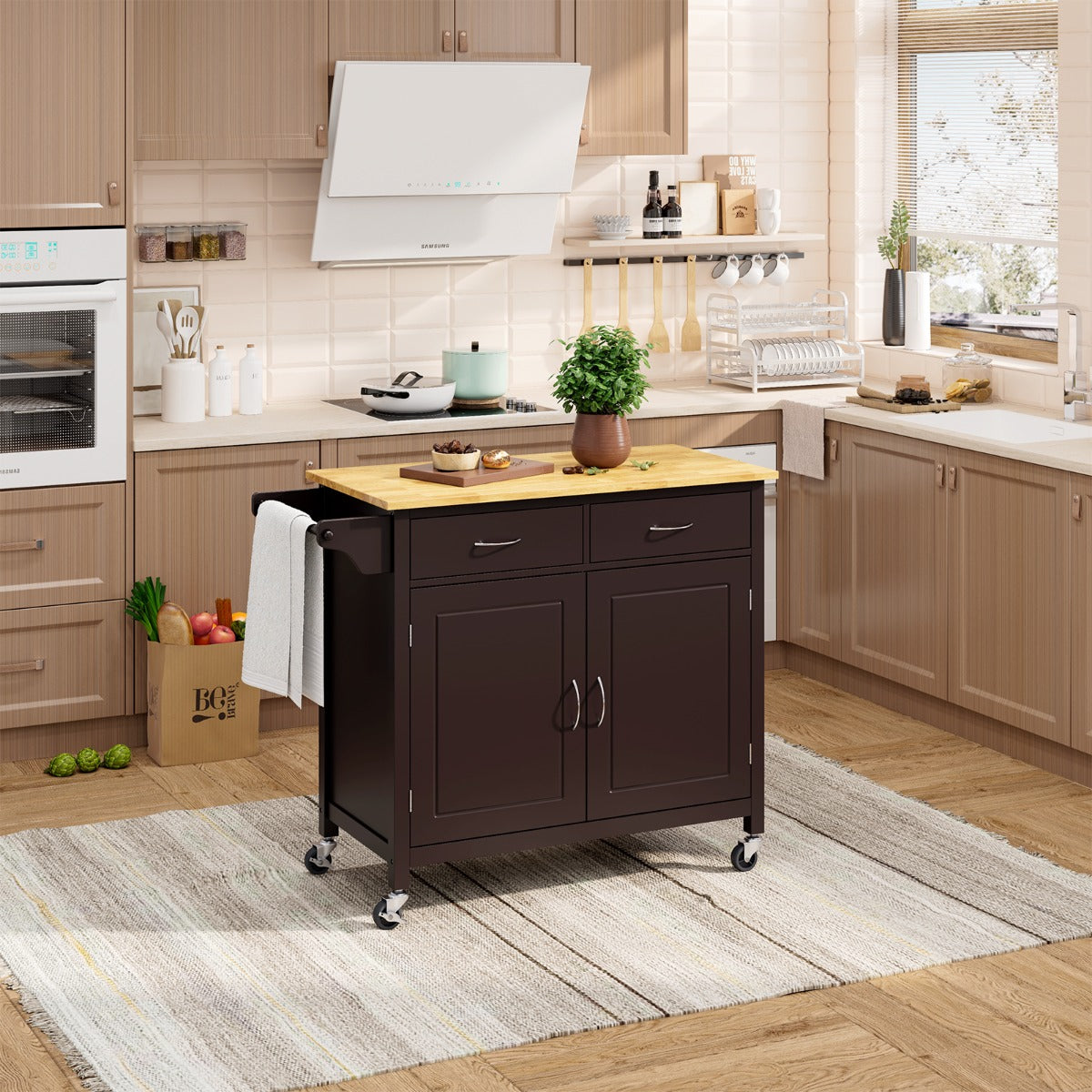 Rolling Kitchen Island Cart Utility Serving Cart with Drawers-Brwon