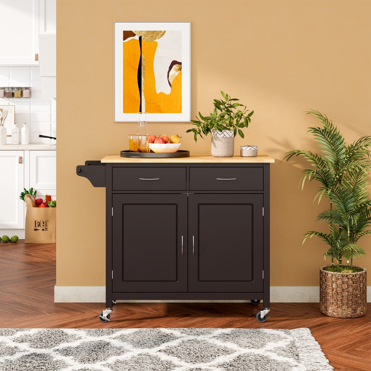 Rolling Kitchen Island Cart Utility Serving Cart with Drawers-Brwon