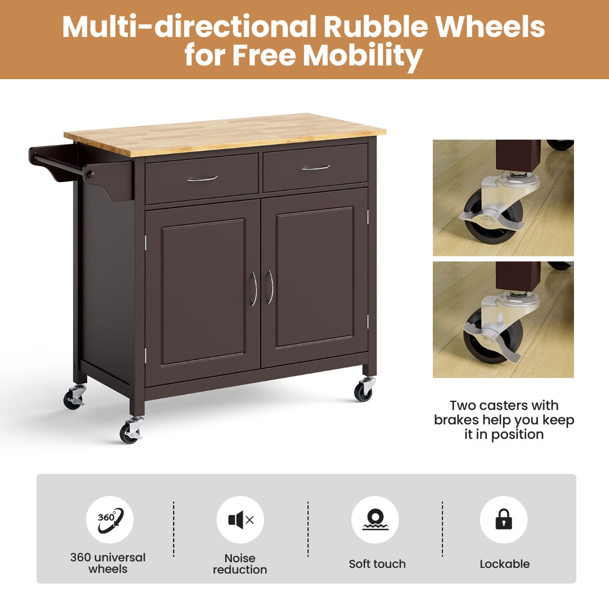 Rolling Kitchen Island Cart Utility Serving Cart with Drawers-Brwon