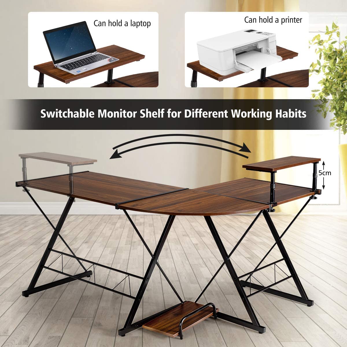 L-Shaped Corner Computer Desk with Monitor Stand and Host Tray-Walnut