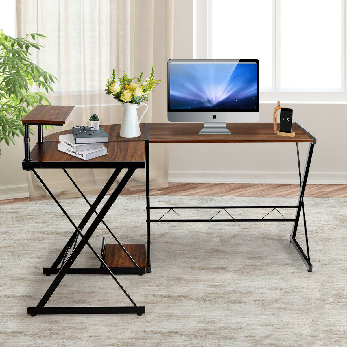 L-Shaped Corner Computer Desk with Monitor Stand and Host Tray-Walnut