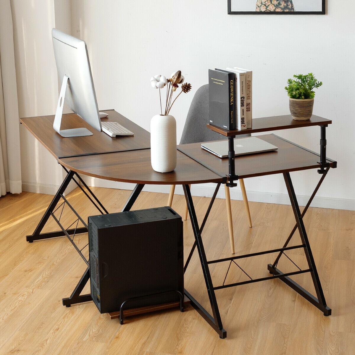 L-Shaped Corner Computer Desk with Monitor Stand and Host Tray-Walnut