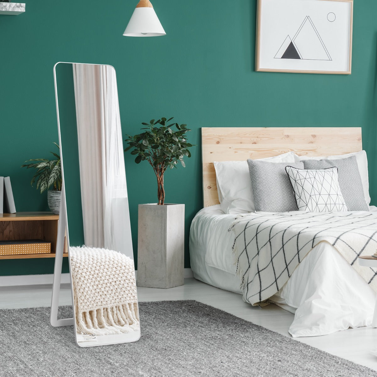 Floor Mirror with Stand and Solid Wood Frame for Living Room
