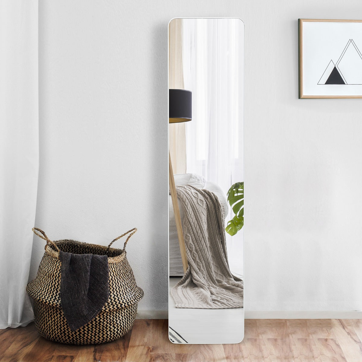 Floor Mirror with Stand and Solid Wood Frame for Living Room