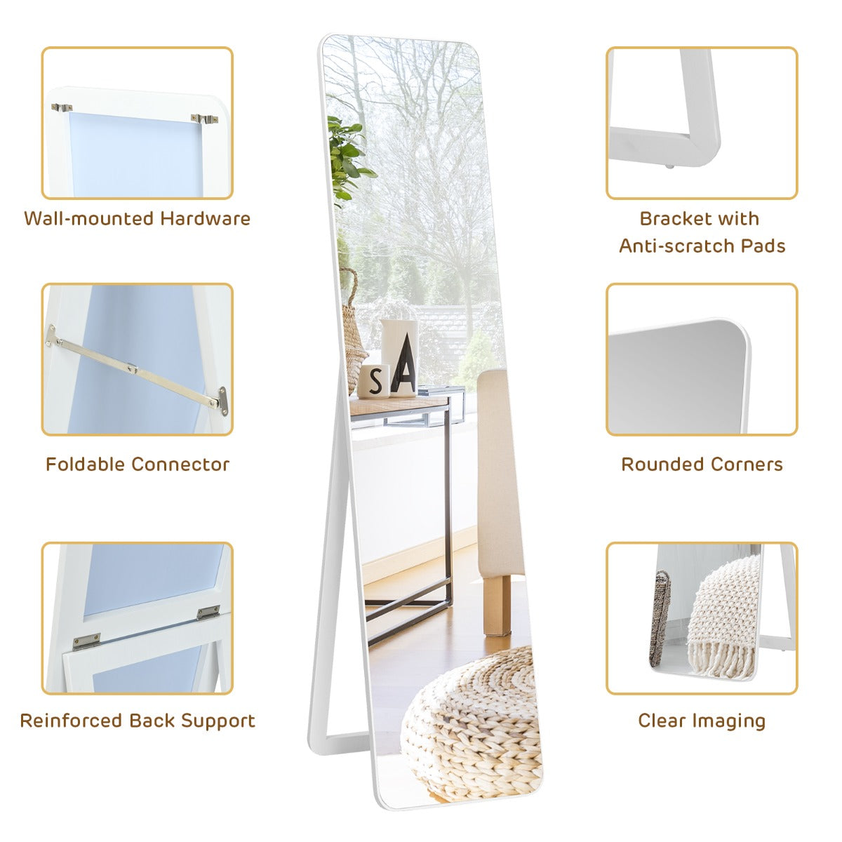 Floor Mirror with Stand and Solid Wood Frame for Living Room