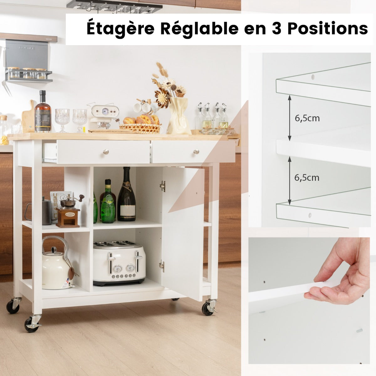 Mobile Kitchen Island Cart Rolling Kitchen Island with Rubber Wood Top-White