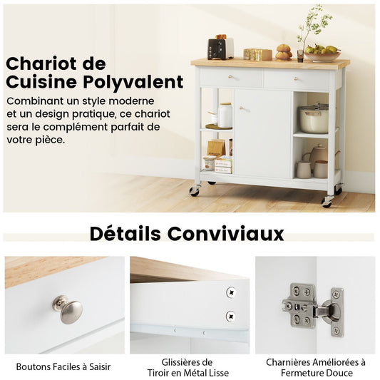 Mobile Kitchen Island Cart Rolling Kitchen Island with Rubber Wood Top-White