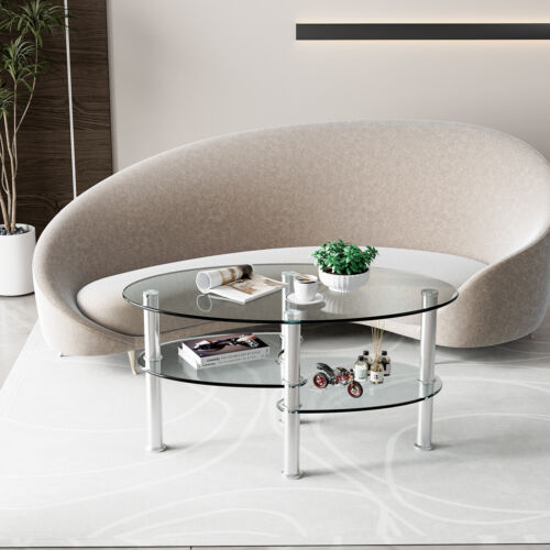 3 Tier Glass Table with Modern Oval Design Three Tier Transparent Shelf