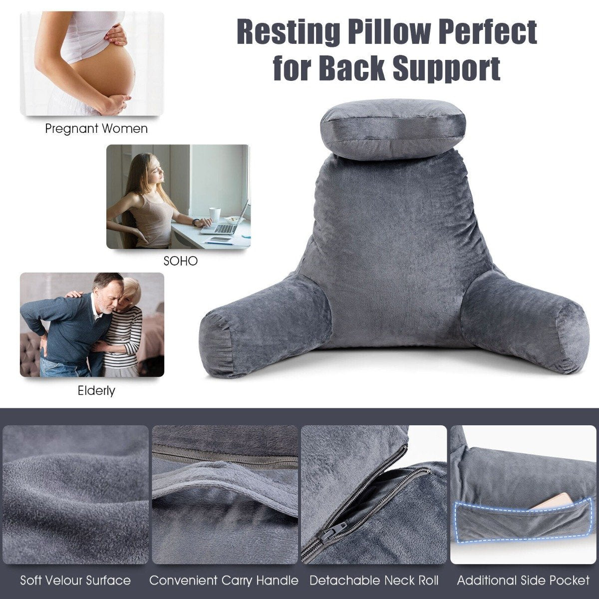 Extra Large Bed Rest Reading Pillow with Detachable Neck Roll-Grey