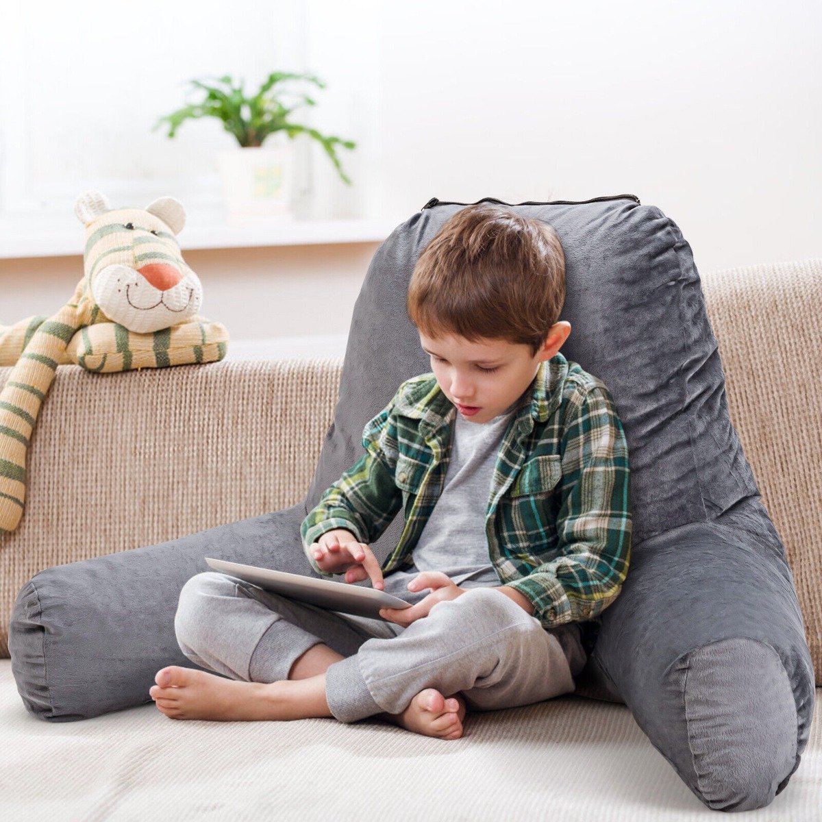 Extra Large Bed Rest Reading Pillow with Detachable Neck Roll-Grey