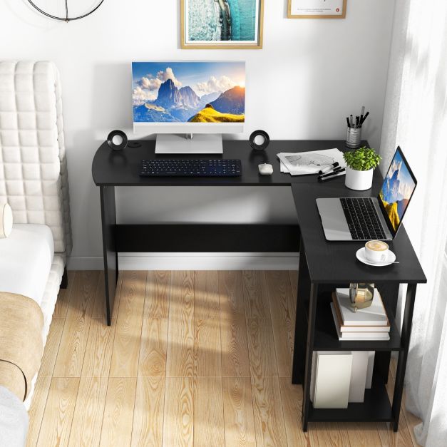 L Shaped Computer Desk Corner Writing Workstation with Storage Shelves