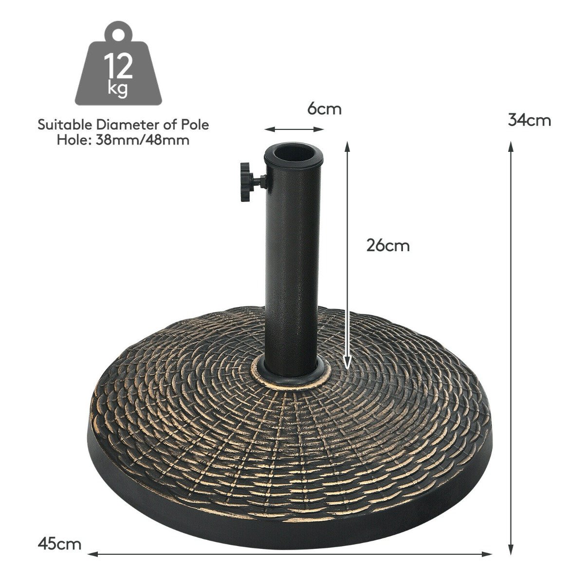 38mm/ 48mm Outdoor Resin Parasol Base with Adjustable Knob