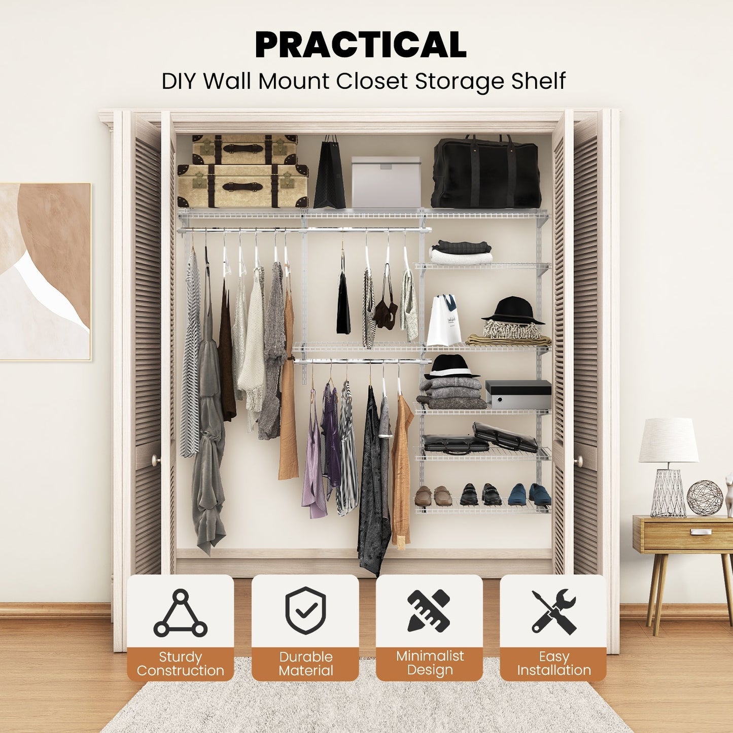 Custom Closet Organizer Kit with Cloth Rods for Bedroom