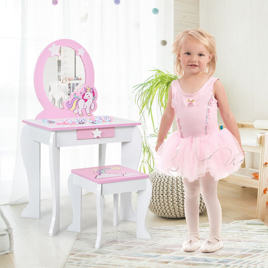 Kids Vanity Table and Chair Set with Mirror and Detachable Top-White