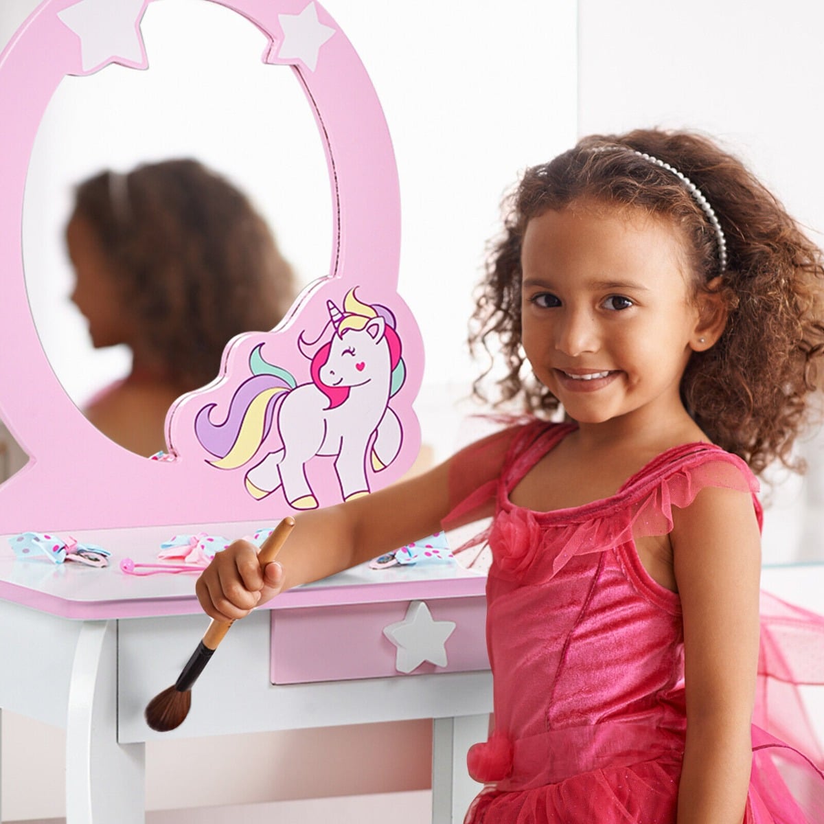 Kids Vanity Table and Chair Set with Mirror and Detachable Top-White